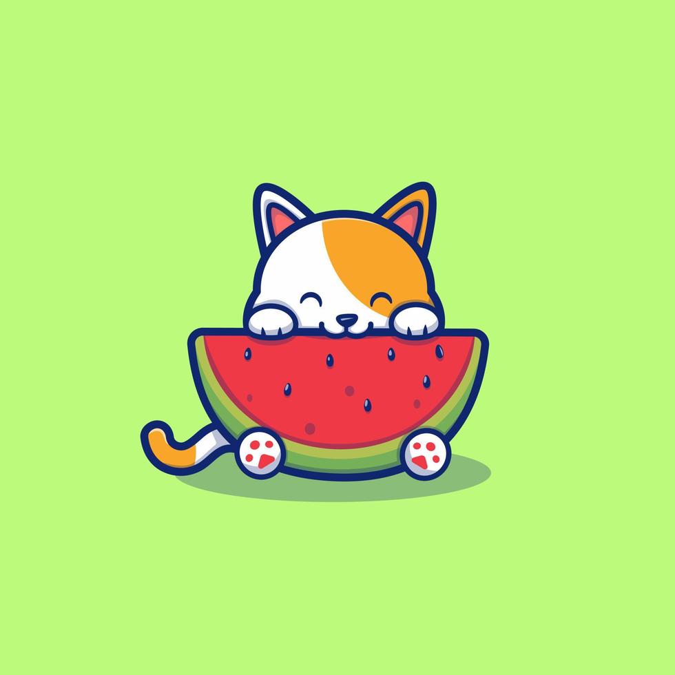 chat mignon mangeant illustration d'icône de vecteur de dessin animé de pastèque. concept d'icône d'aliments pour animaux isolé vecteur premium. style de dessin animé plat