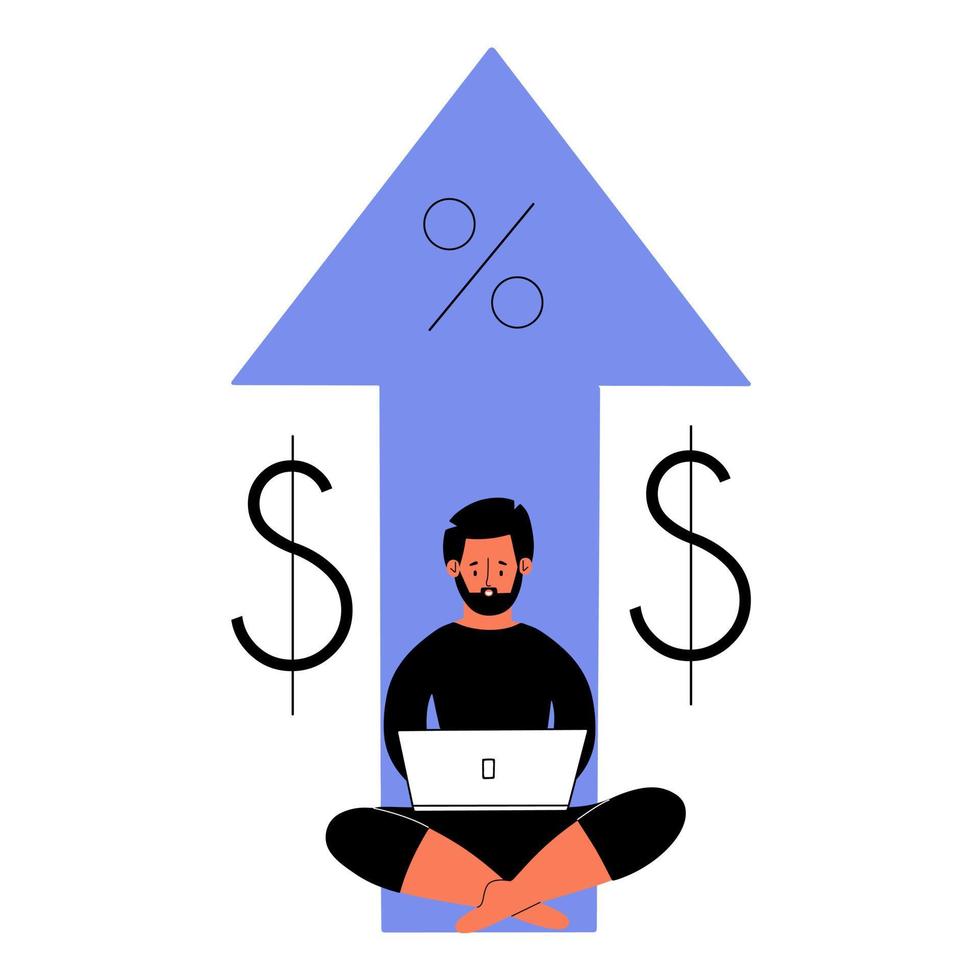 le concept de croissance des commissions. un homme avec un ordinateur portable travaille sur internet et reçoit un paiement pour des services. illustration vectorielle vecteur