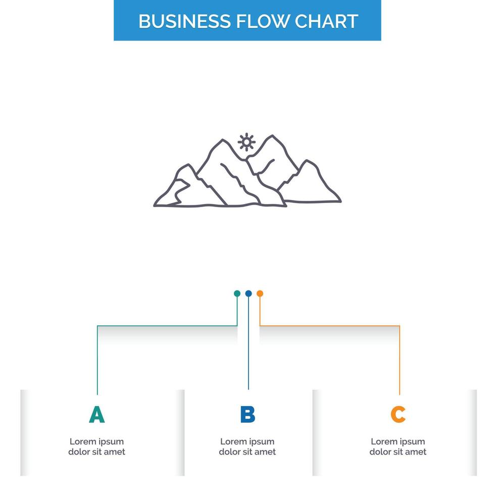 Montagne. paysage. colline. la nature. conception d'organigramme d'affaires de scène avec 3 étapes. icône de ligne pour le modèle d'arrière-plan de présentation place pour le texte vecteur