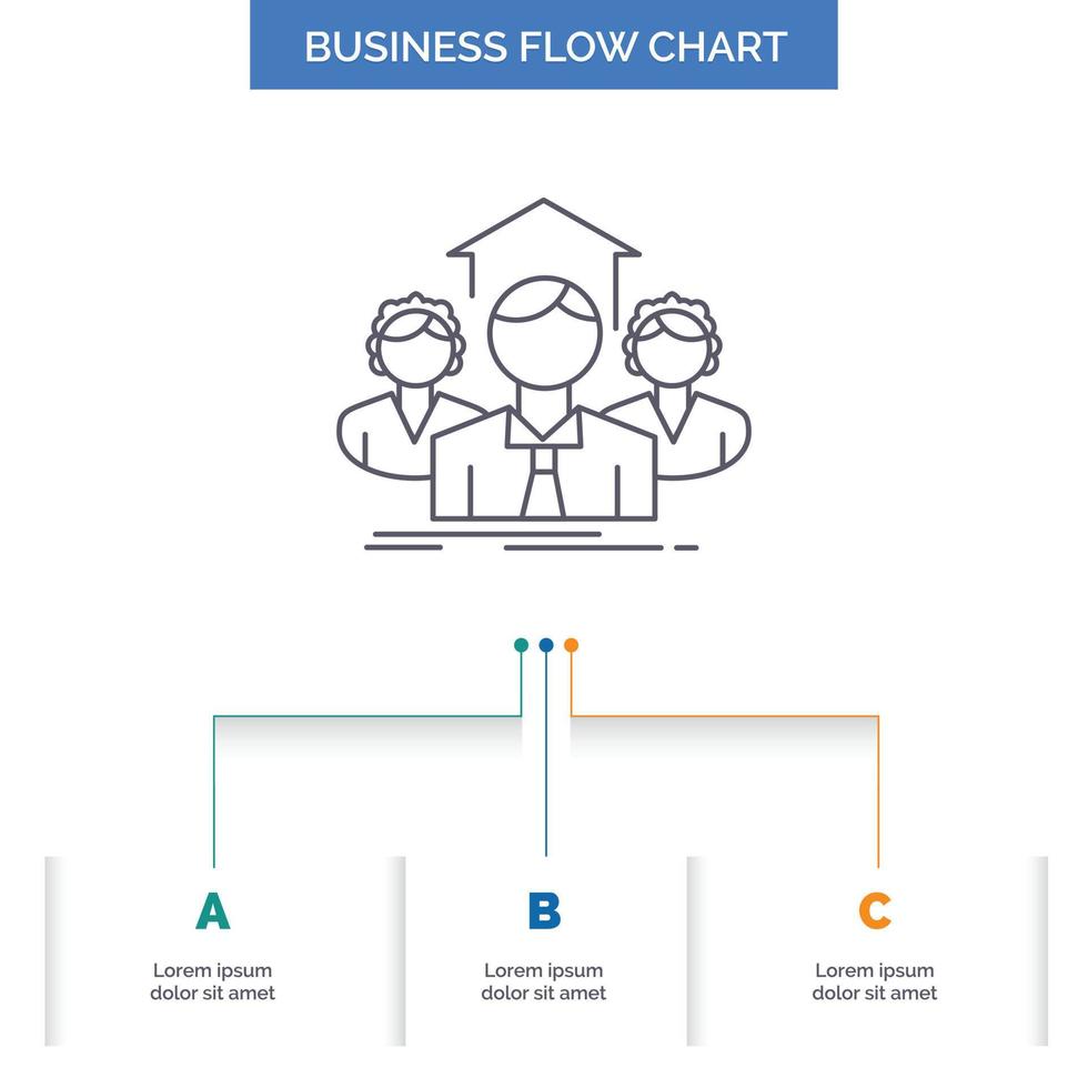 équipe. Entreprise. travail en équipe. groupe. réunion de conception d'organigramme d'entreprise en 3 étapes. icône de ligne pour le modèle d'arrière-plan de présentation place pour le texte vecteur