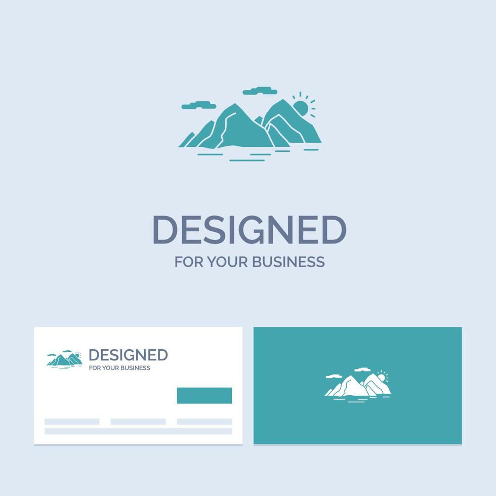 Montagne. colline. paysage. la nature. symbole d'icône de glyphe de logo d'entreprise de soirée pour votre entreprise. cartes de visite turquoise avec modèle de logo de marque. vecteur