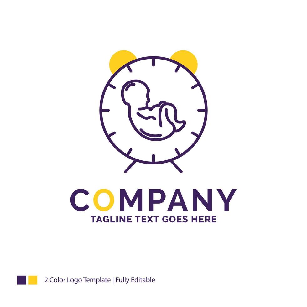 création du logo du nom de l'entreprise pour la livraison. temps. bébé. naissance. enfant. conception de nom de marque violet et jaune avec place pour le slogan. modèle de logo créatif pour petites et grandes entreprises. vecteur