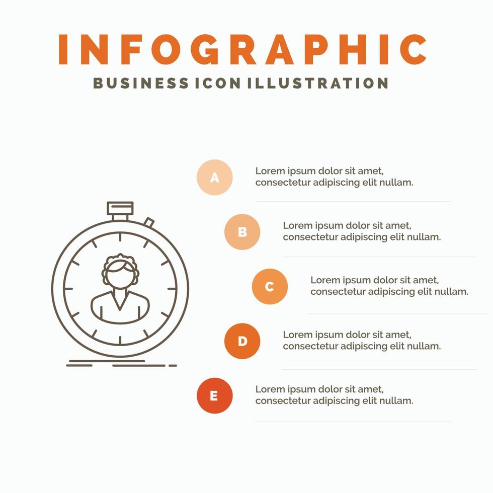 vite. la rapidité. chronomètre. minuteur. modèle d'infographie de fille pour le site Web et la présentation. icône grise de ligne avec illustration vectorielle de style infographie orange vecteur