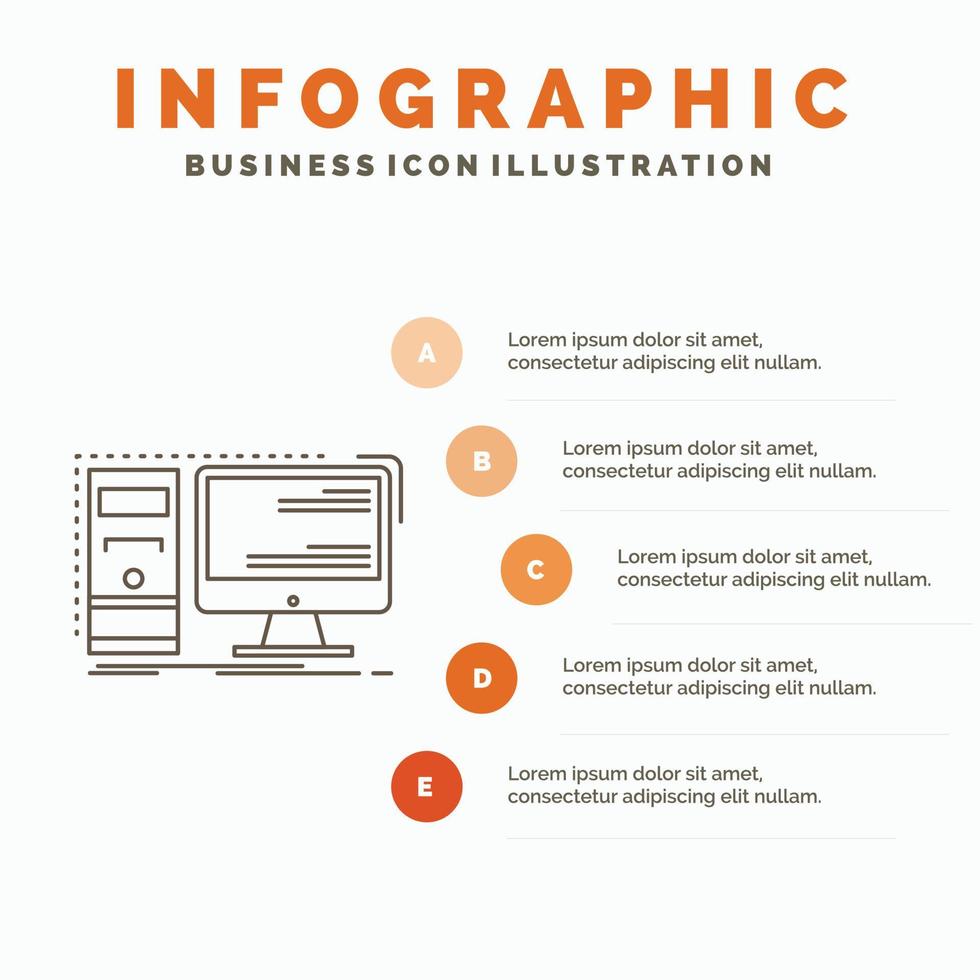 l'ordinateur. bureau. Matériel. poste de travail. modèle d'infographie du système pour le site Web et la présentation. icône grise de ligne avec illustration vectorielle de style infographie orange vecteur