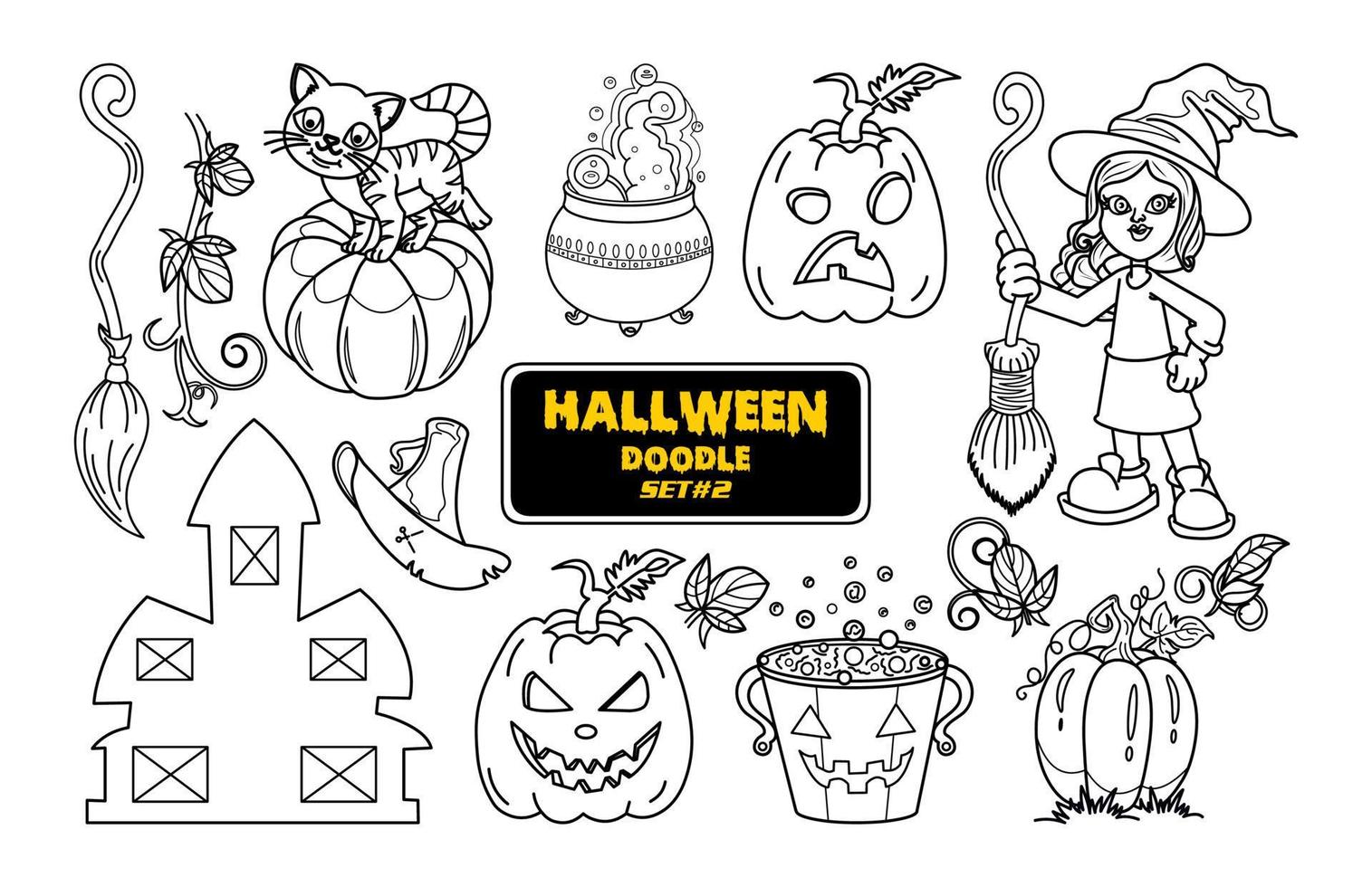 doodle dessiné à la main d'halloween. joli jeu de timbres numériques halloween. vecteur