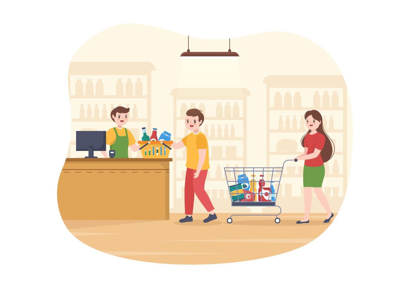 épicerie ou supermarché avec étagères de produits alimentaires, étagères produits laitiers, fruits et boissons pour faire du shopping dans l'illustration de modèles dessinés à la main de dessin animé plat vecteur