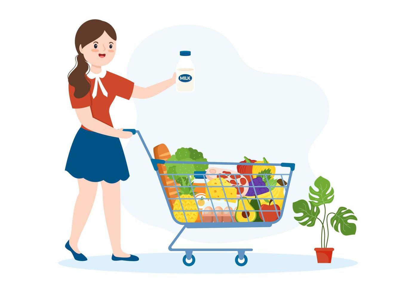 épicerie ou supermarché avec étagères de produits alimentaires, étagères produits laitiers, fruits et boissons pour faire du shopping dans l'illustration de modèles dessinés à la main de dessin animé plat vecteur