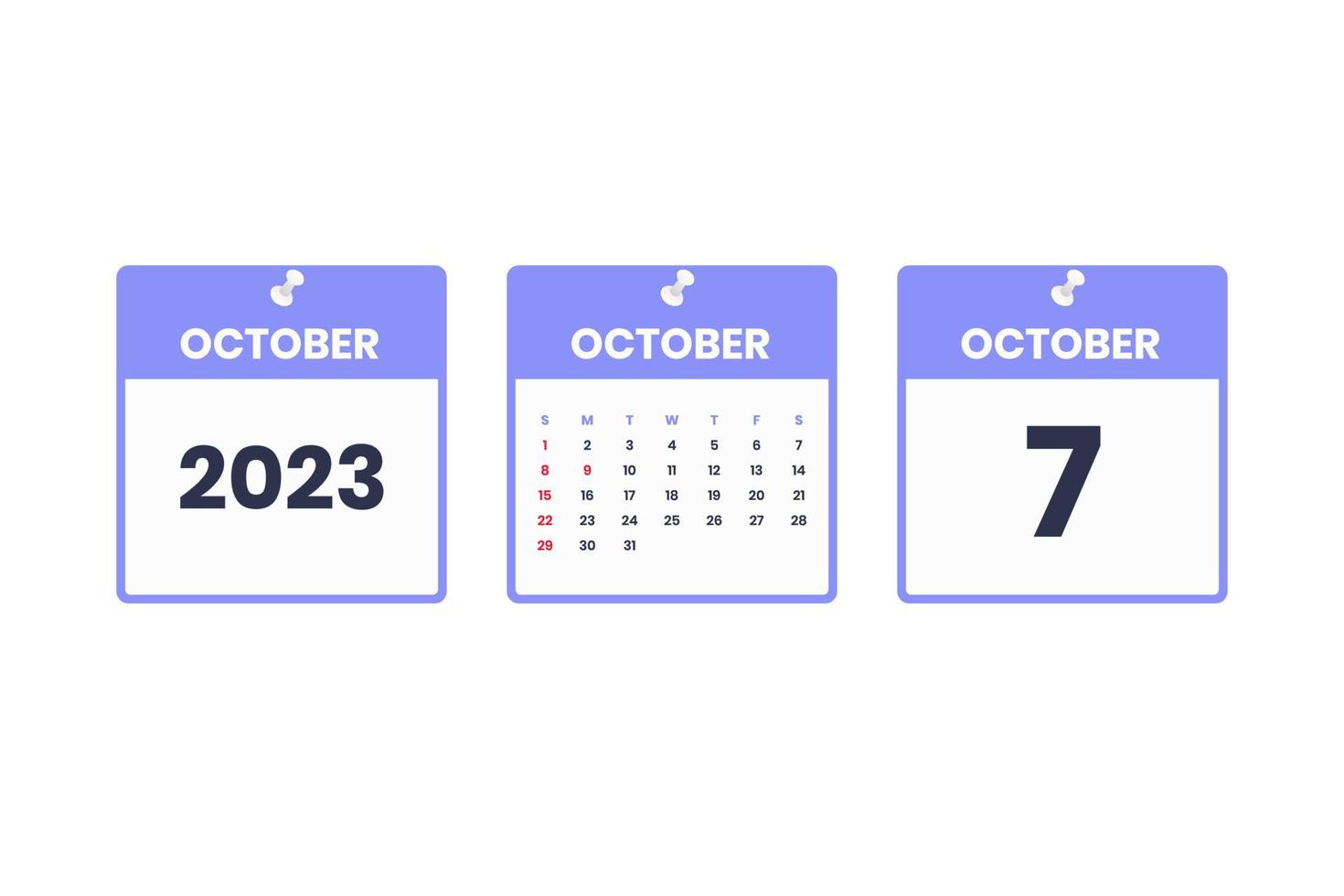 conception du calendrier d'octobre. 7 octobre 2023 icône de calendrier pour l'horaire, le rendez-vous, le concept de date importante vecteur