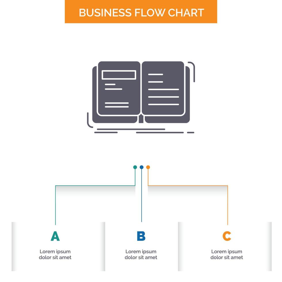 auteur. livre. ouvert. histoire. conception d'organigramme d'entreprise de narration en 3 étapes. icône de glyphe pour la place du modèle d'arrière-plan de présentation pour le texte. vecteur