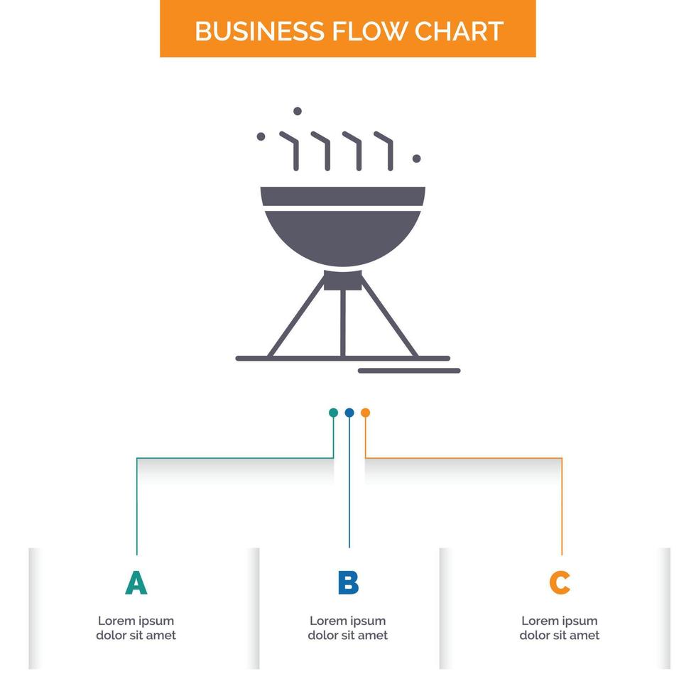 cuisson barbecue. camping. aliments. conception d'organigramme d'entreprise grill avec 3 étapes. icône de glyphe pour la place du modèle d'arrière-plan de présentation pour le texte. vecteur