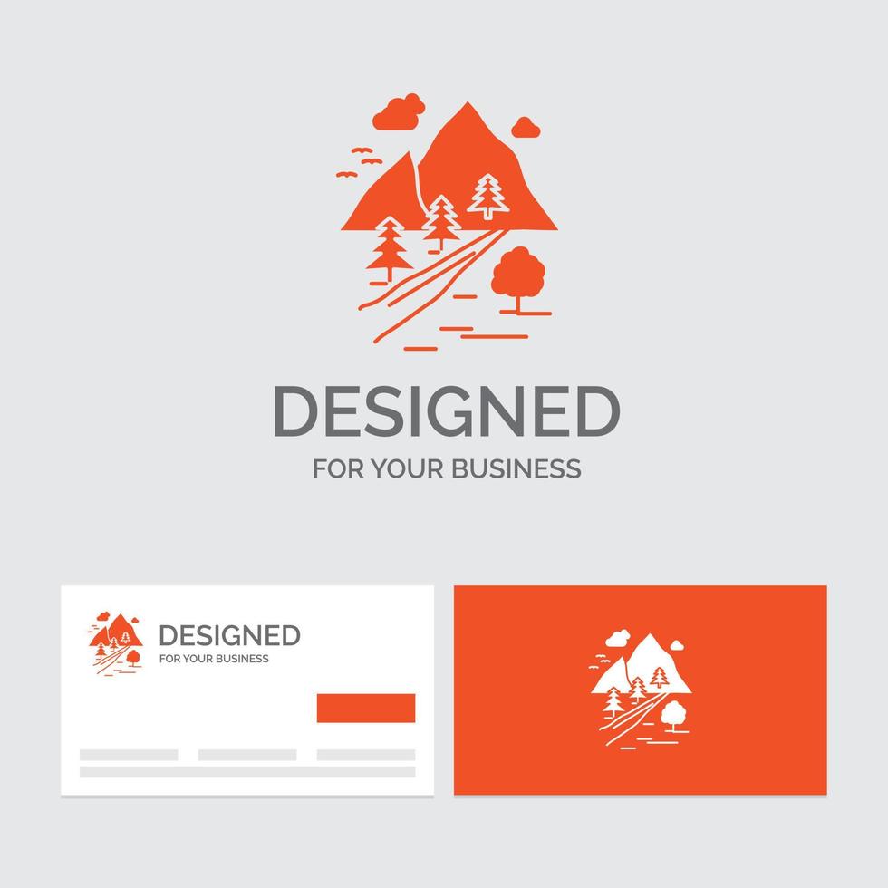 modèle de logo d'entreprise pour les roches. arbre. colline. Montagne. la nature. cartes de visite orange avec modèle de logo de marque. vecteur