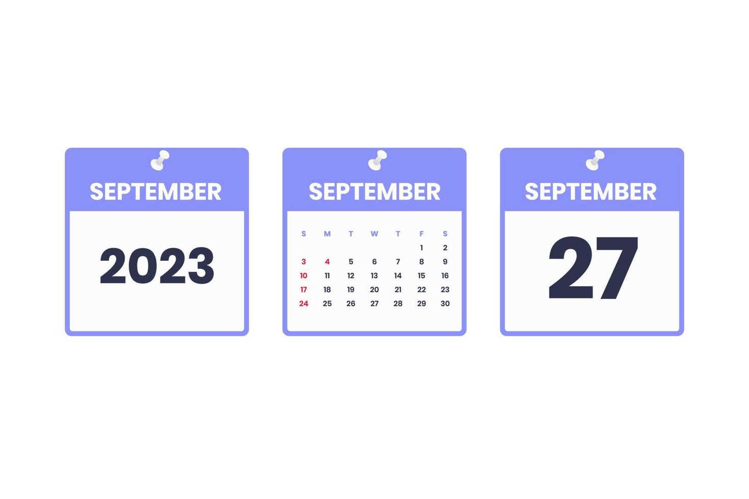 conception du calendrier de septembre. 27 septembre 2023 icône de calendrier pour l'horaire, le rendez-vous, le concept de date importante vecteur