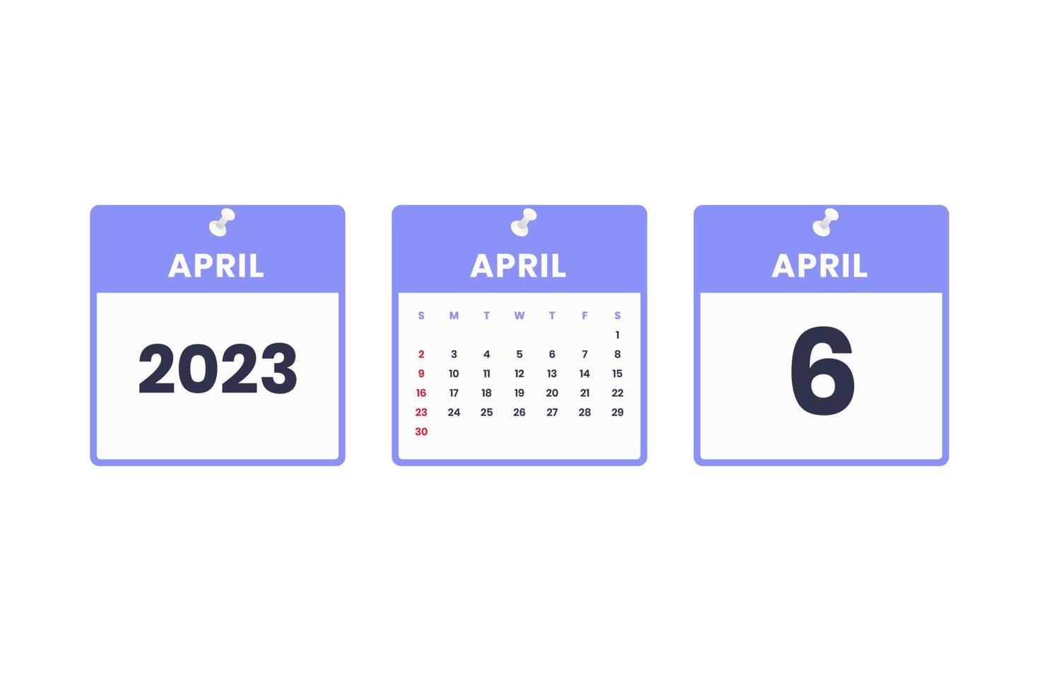 conception du calendrier d'avril. 6 avril 2023 icône de calendrier pour l'horaire, le rendez-vous, le concept de date importante vecteur