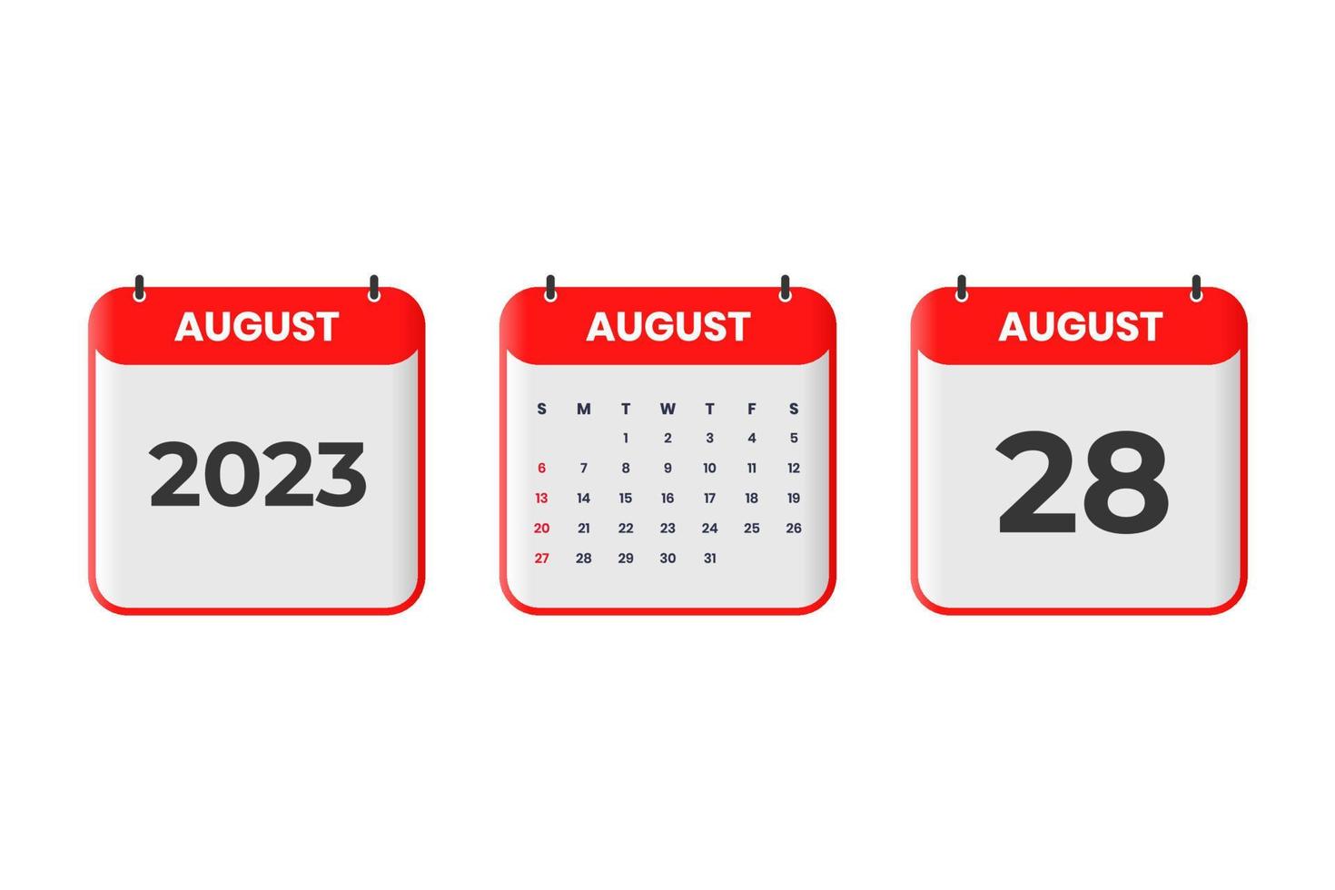 conception du calendrier d'août 2023. Icône de calendrier du 28 août 2023 pour l'horaire, le rendez-vous, le concept de date importante vecteur