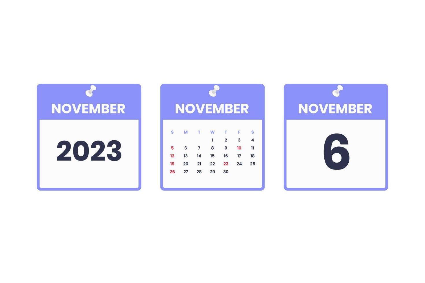 conception du calendrier de novembre. icône de calendrier du 6 novembre 2023 pour l'horaire, le rendez-vous, le concept de date importante vecteur