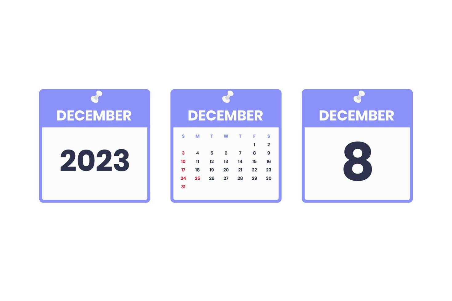 conception du calendrier de décembre. 8 décembre 2023 icône de calendrier pour l'horaire, le rendez-vous, le concept de date importante vecteur