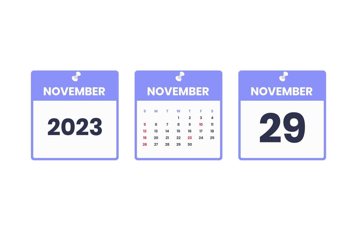 conception du calendrier de novembre. 29 novembre 2023 icône de calendrier pour l'horaire, le rendez-vous, le concept de date importante vecteur