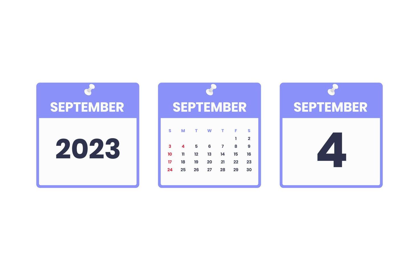 conception du calendrier de septembre. 4 septembre 2023 icône de calendrier pour l'horaire, le rendez-vous, le concept de date importante vecteur