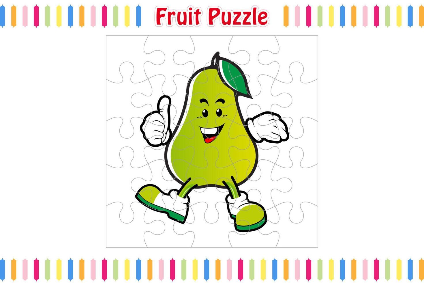 jeu de puzzle de fruits pour les enfants, page d'activité de la feuille de travail en couleur des pièces de puzzle, illustration vectorielle isolée, style de dessin animé de mascotte vecteur