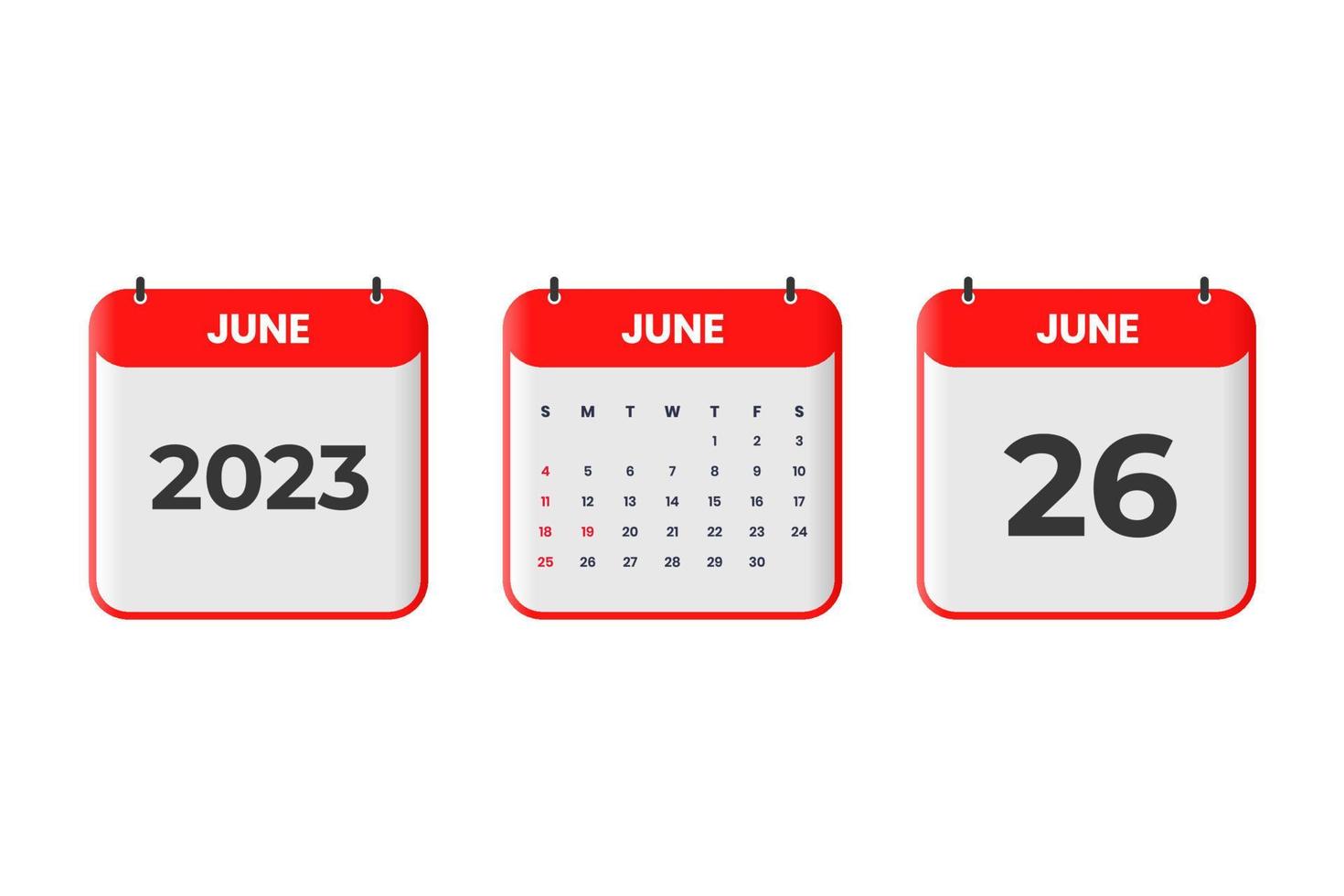 conception du calendrier de juin 2023. Icône de calendrier du 26 juin 2023 pour l'horaire, le rendez-vous, le concept de date importante vecteur
