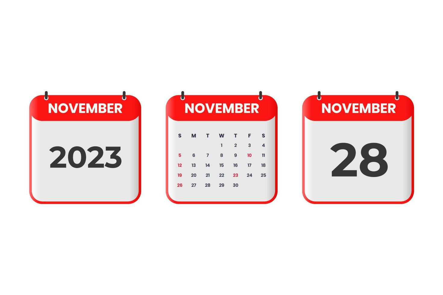 conception du calendrier de novembre 2023. Icône de calendrier du 28 novembre 2023 pour l'horaire, le rendez-vous, le concept de date importante vecteur