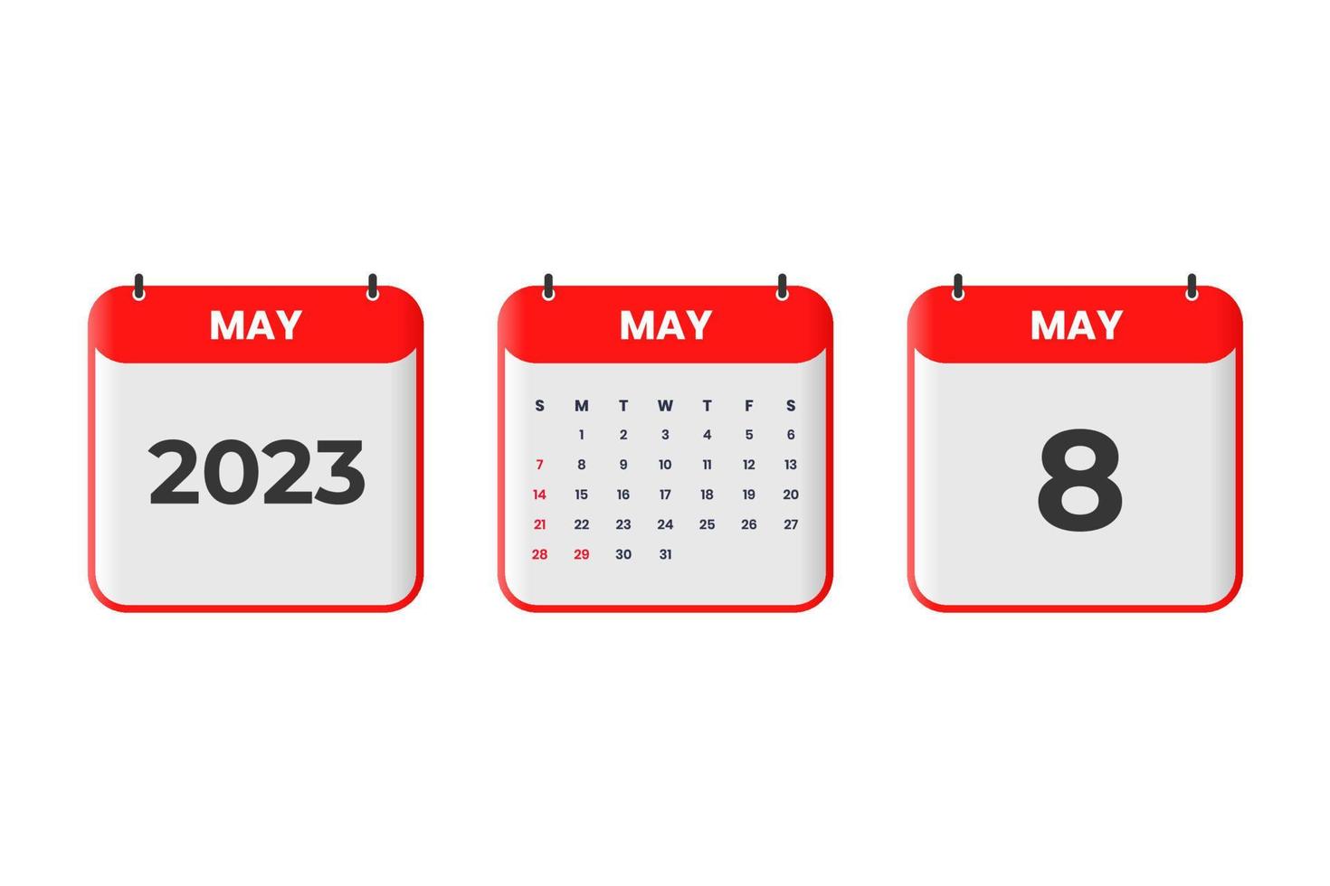 conception du calendrier de mai 2023. 8 mai 2023 icône de calendrier pour l'horaire, le rendez-vous, le concept de date importante vecteur