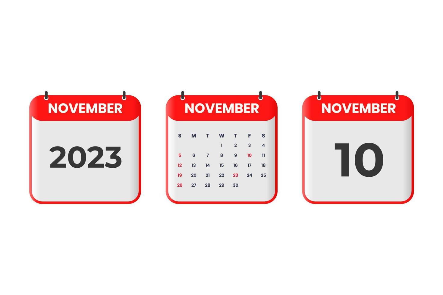 conception du calendrier de novembre 2023. 10 novembre 2023 icône de calendrier pour l'horaire, le rendez-vous, le concept de date importante vecteur