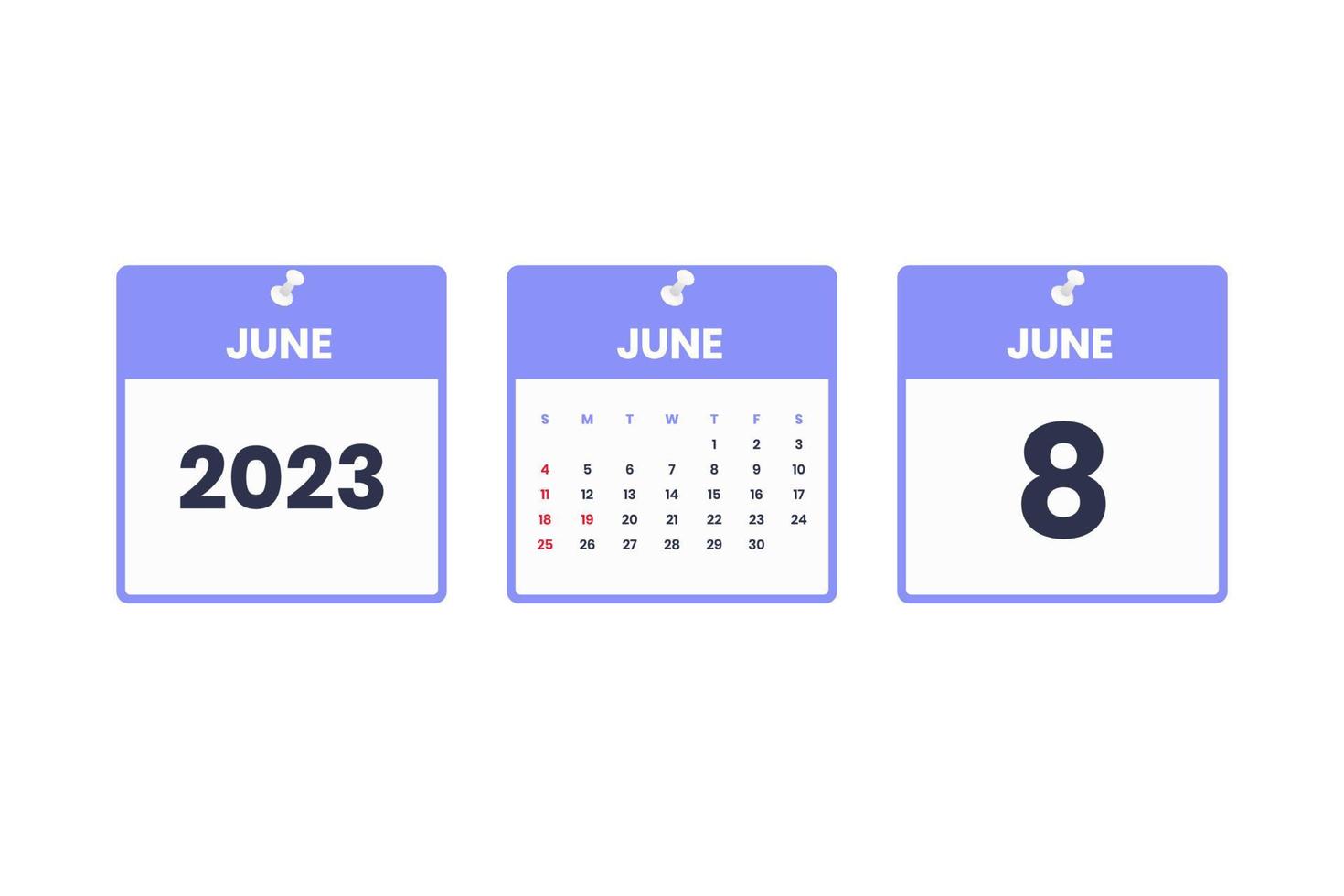 conception du calendrier de juin. icône de calendrier du 8 juin 2023 pour l'horaire, le rendez-vous, le concept de date importante vecteur