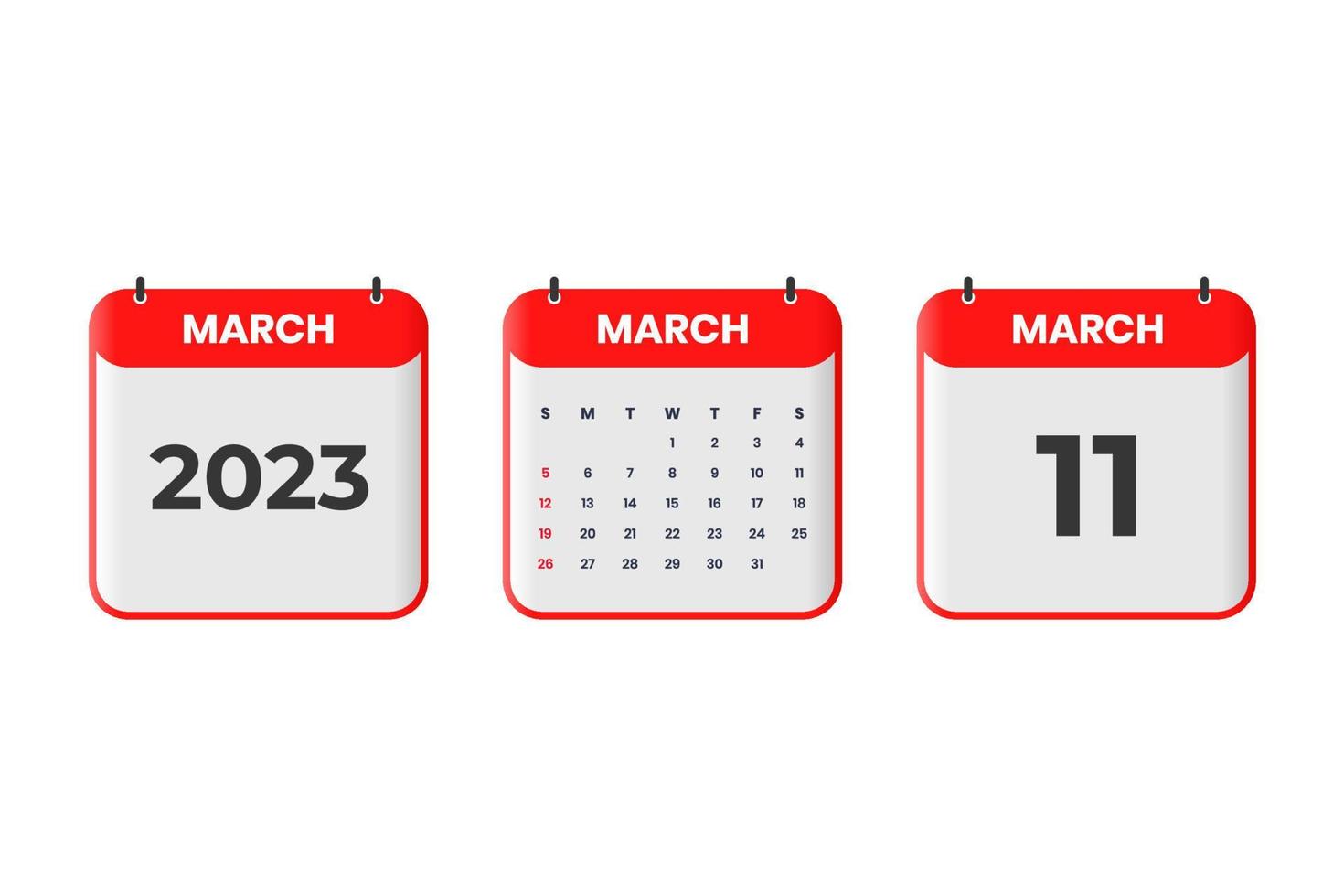 conception du calendrier de mars 2023. Icône de calendrier du 11 mars 2023 pour l'horaire, le rendez-vous, le concept de date importante vecteur