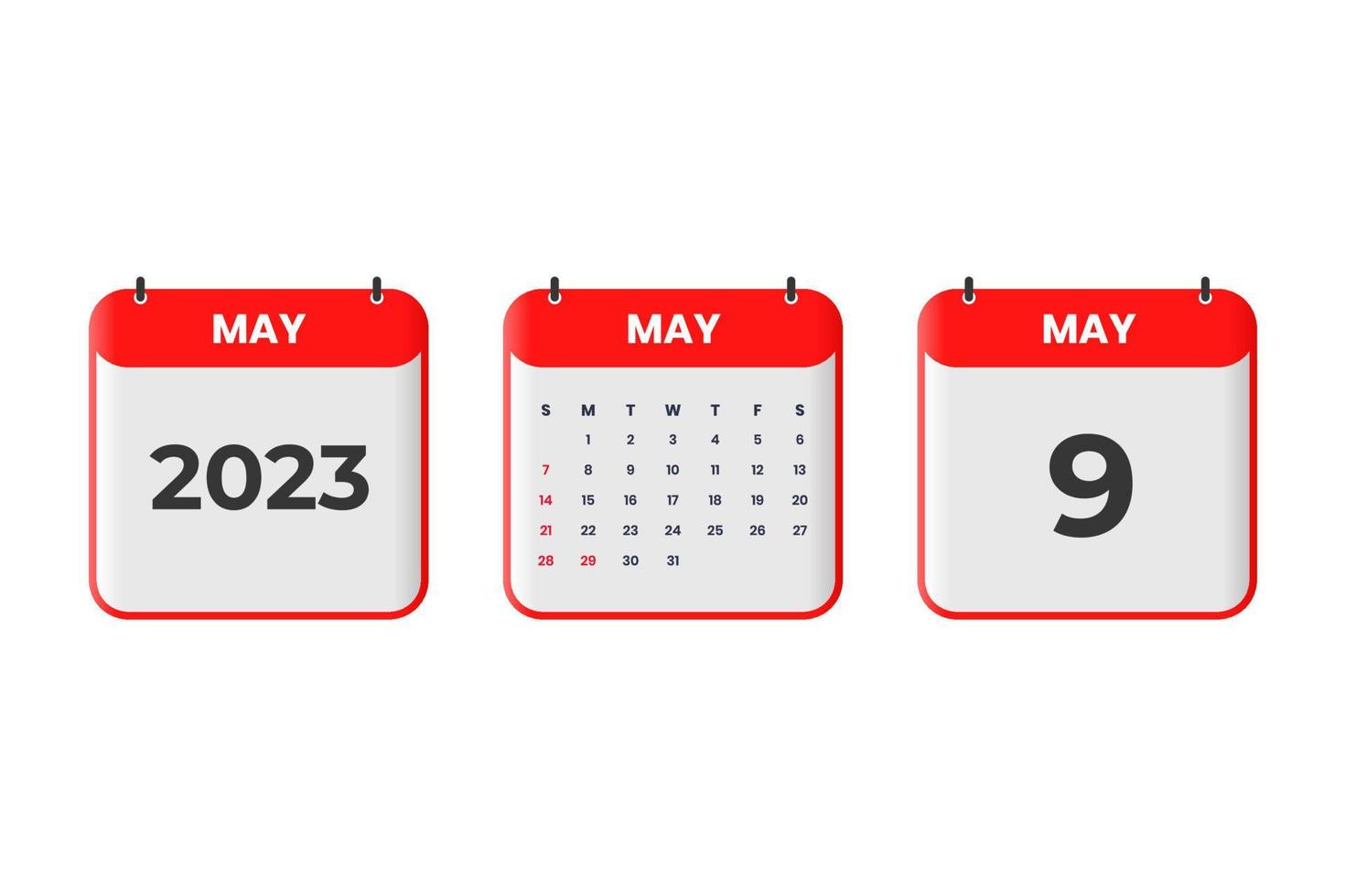 conception du calendrier de mai 2023. 9 mai 2023 icône de calendrier pour l'horaire, le rendez-vous, le concept de date importante vecteur