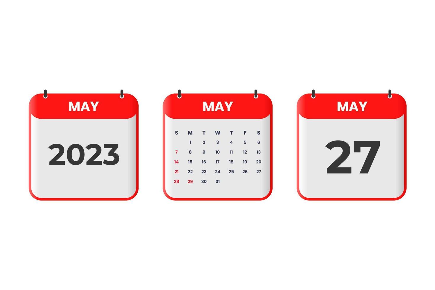 conception du calendrier de mai 2023. 27 mai 2023 icône de calendrier pour l'horaire, le rendez-vous, le concept de date importante vecteur