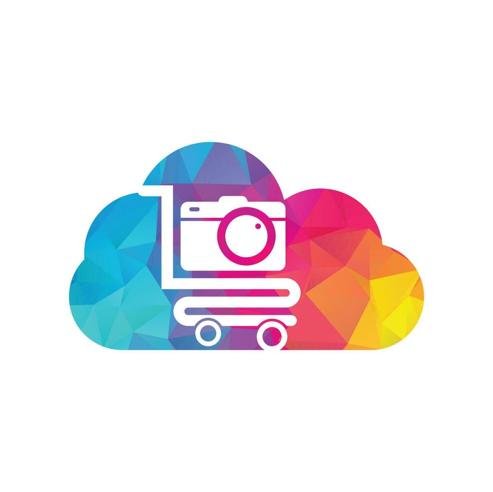 icône de vecteur de logo de concept de forme de nuage de magasin d'appareil photo. panier d'achat avec modèle de conception de logo d'objectif de caméra.