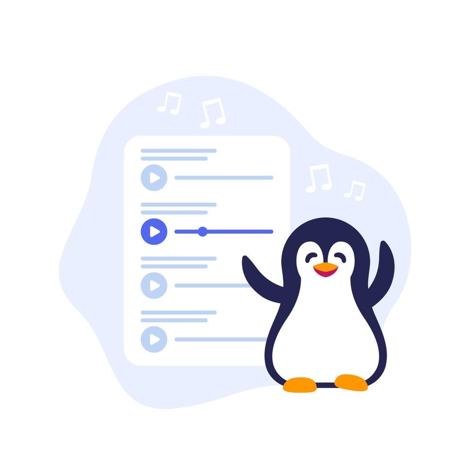 playlist de musique et pingouin heureux, application de streaming en ligne vecteur