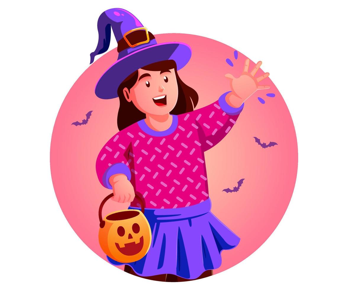 petite fille célébrant joyeux halloween portant un chapeau de sorcière vecteur