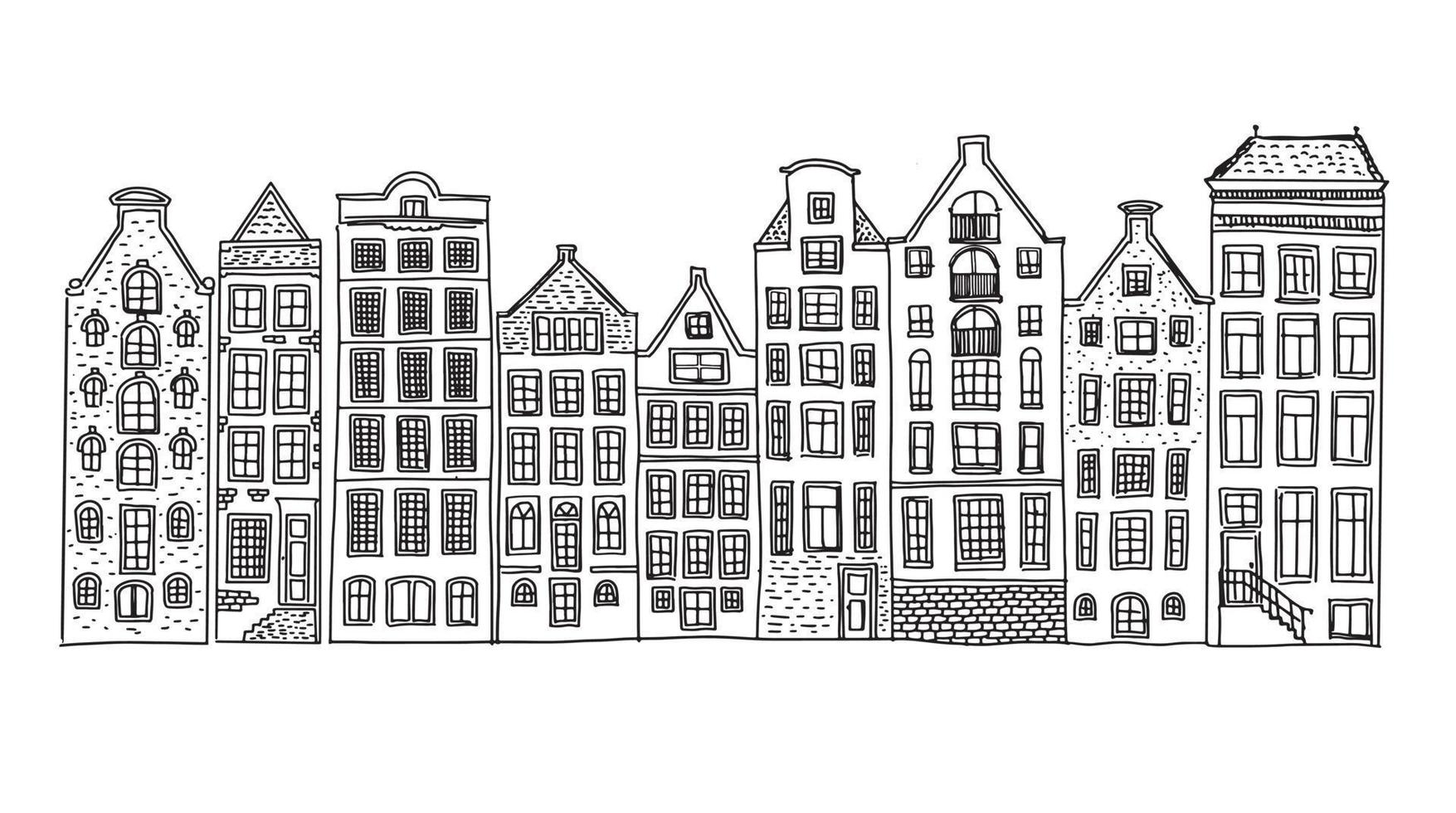façades de maisons d'affilée, illustration dessinée à la main d'amsterdam. vecteur
