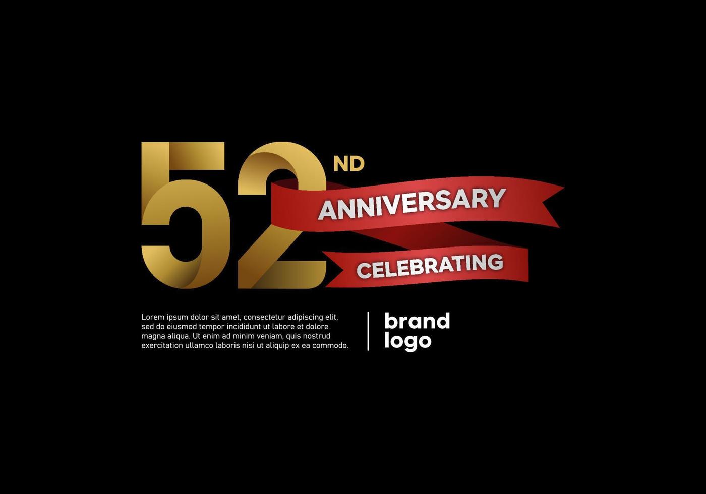 Logo anniversaire 52 ans en or et rouge sur fond noir vecteur