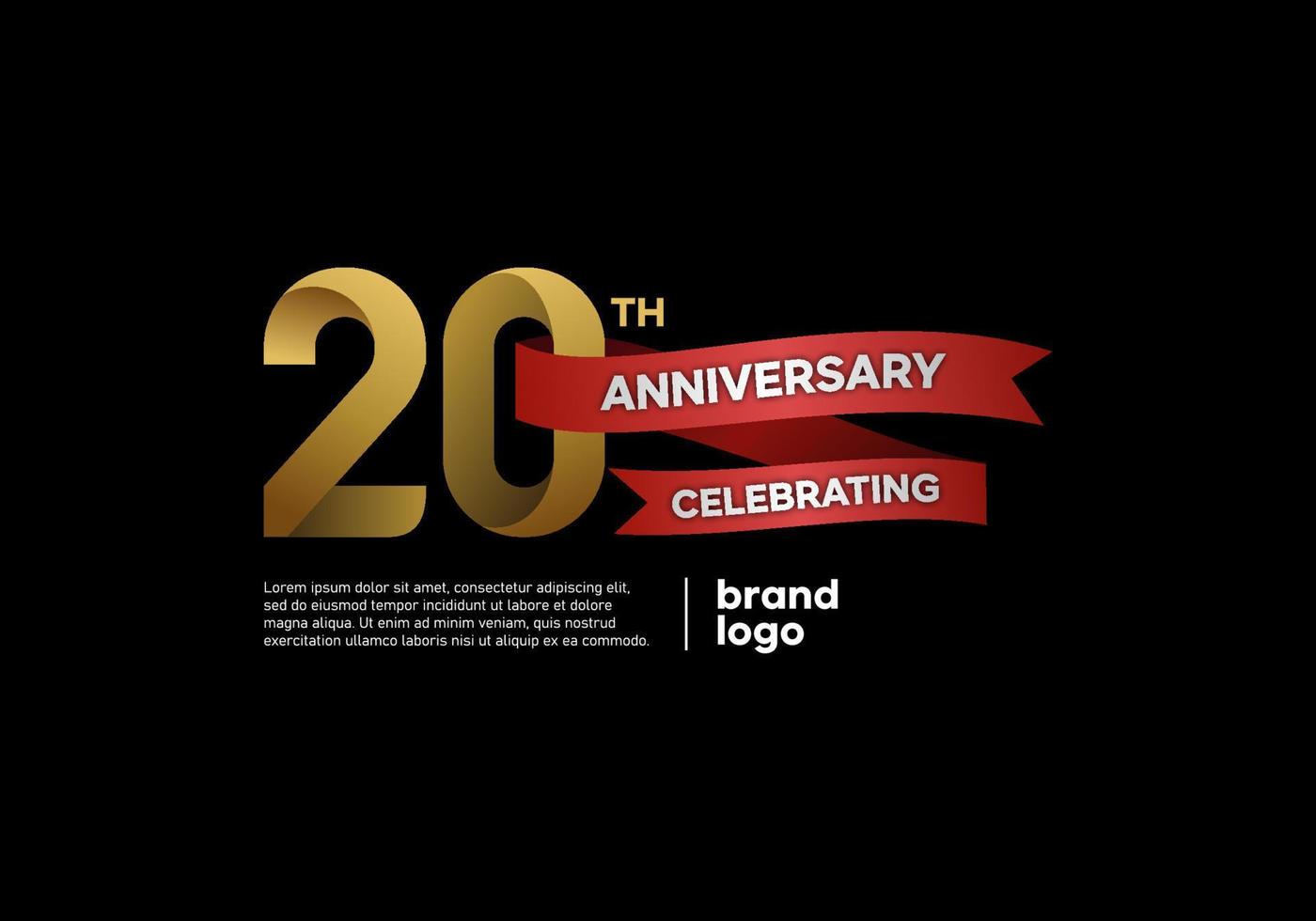 Logo anniversaire 20 ans en or et rouge sur fond noir vecteur