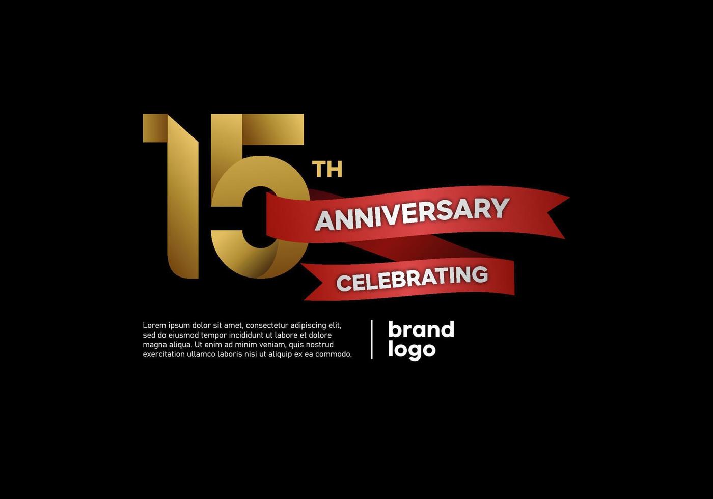 Logo anniversaire 15 ans en or et rouge sur fond noir vecteur