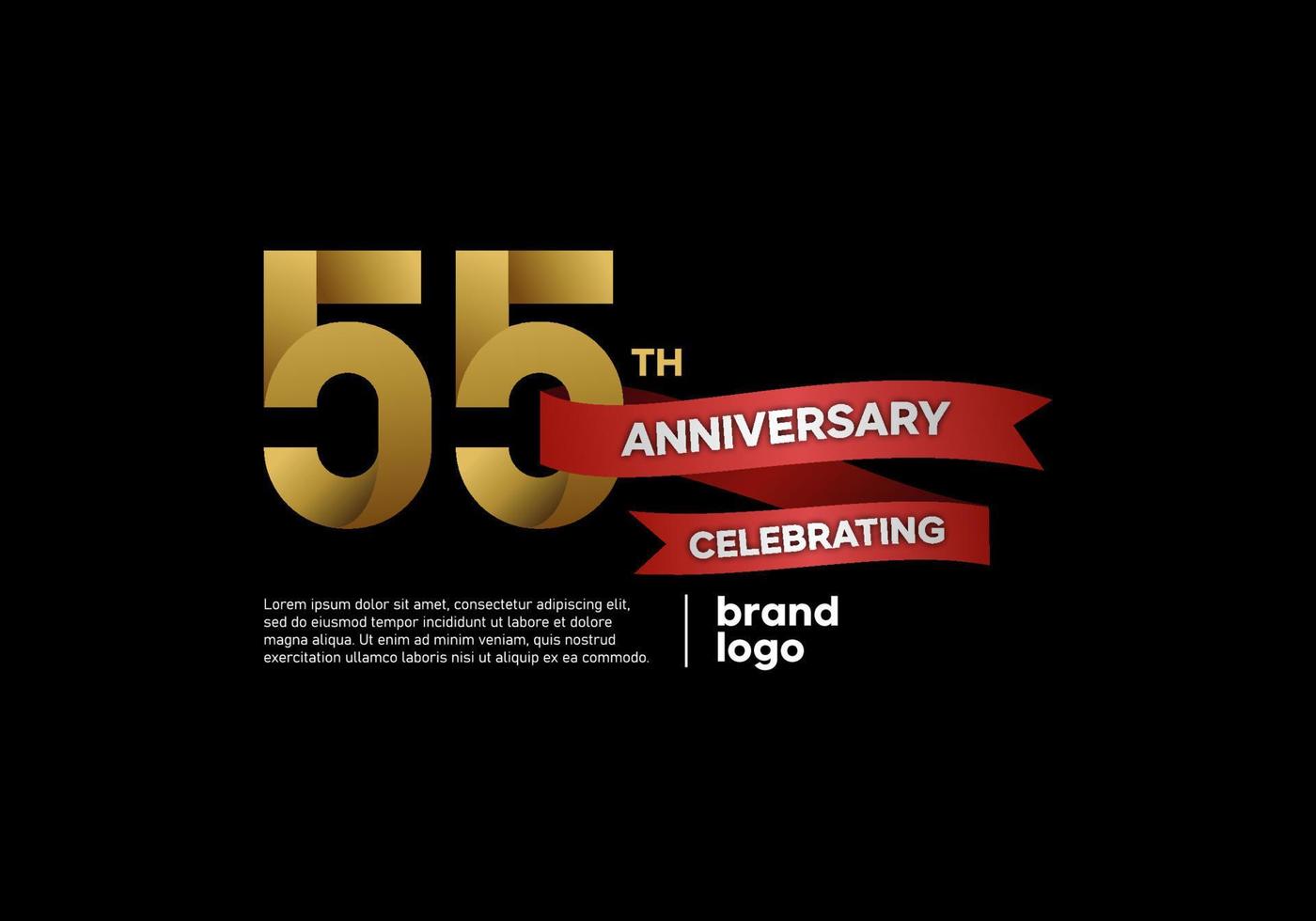 Logo anniversaire 55 ans en or et rouge sur fond noir vecteur