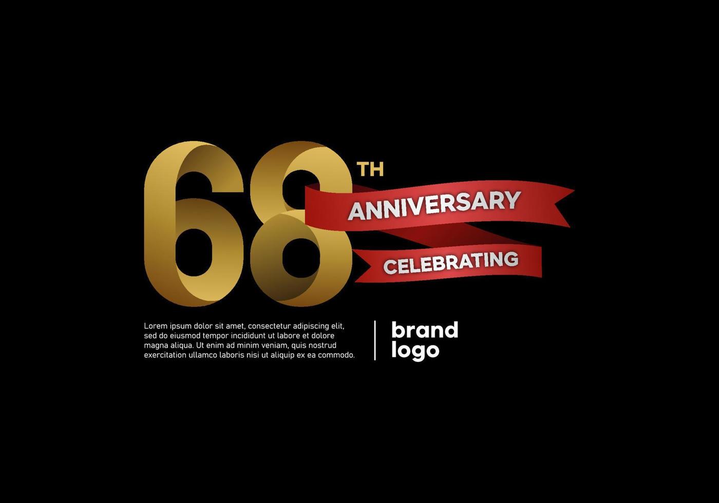 Logo anniversaire 68 ans en or et rouge sur fond noir vecteur