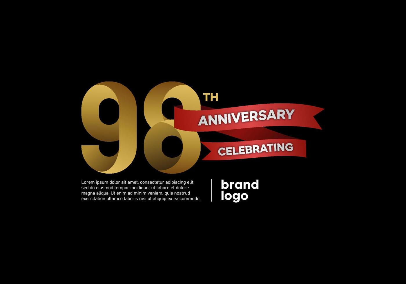 Logo anniversaire 98 ans en or et rouge sur fond noir vecteur