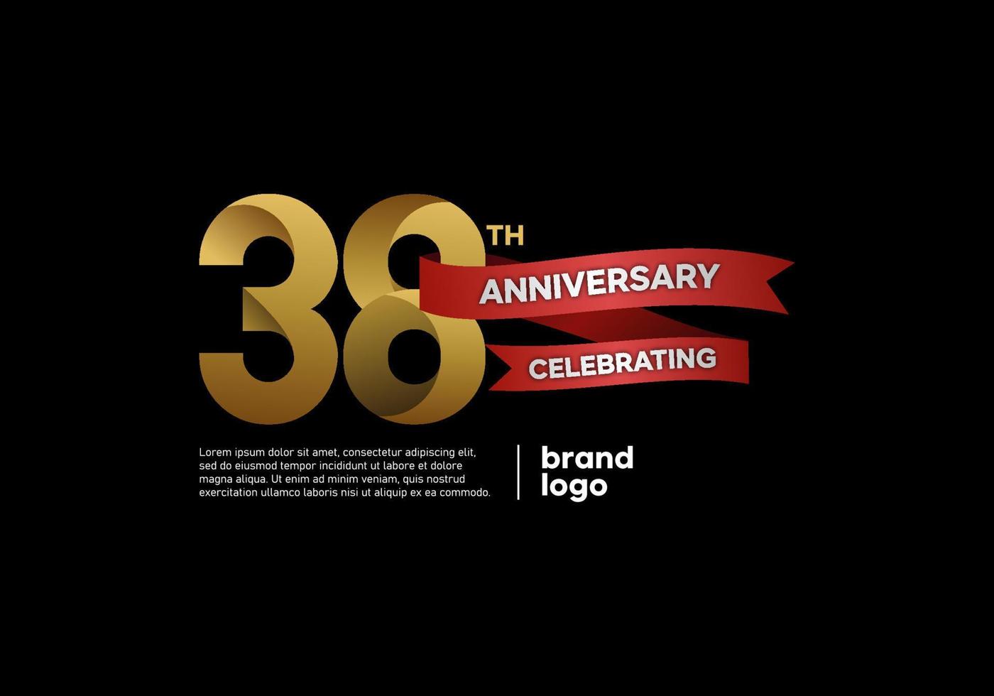 Logo anniversaire 38 ans en or et rouge sur fond noir vecteur