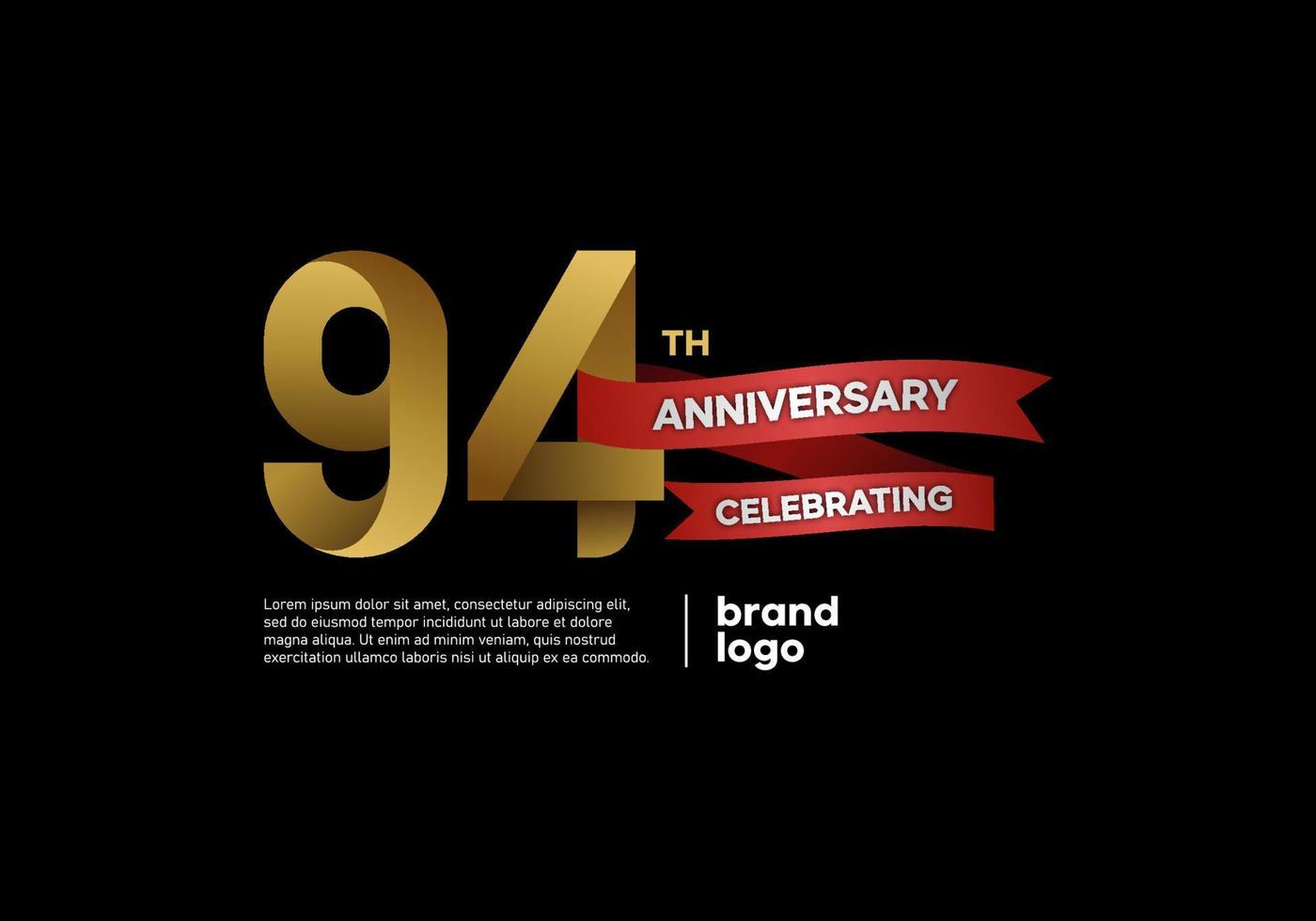 Logo anniversaire 94 ans en or et rouge sur fond noir vecteur