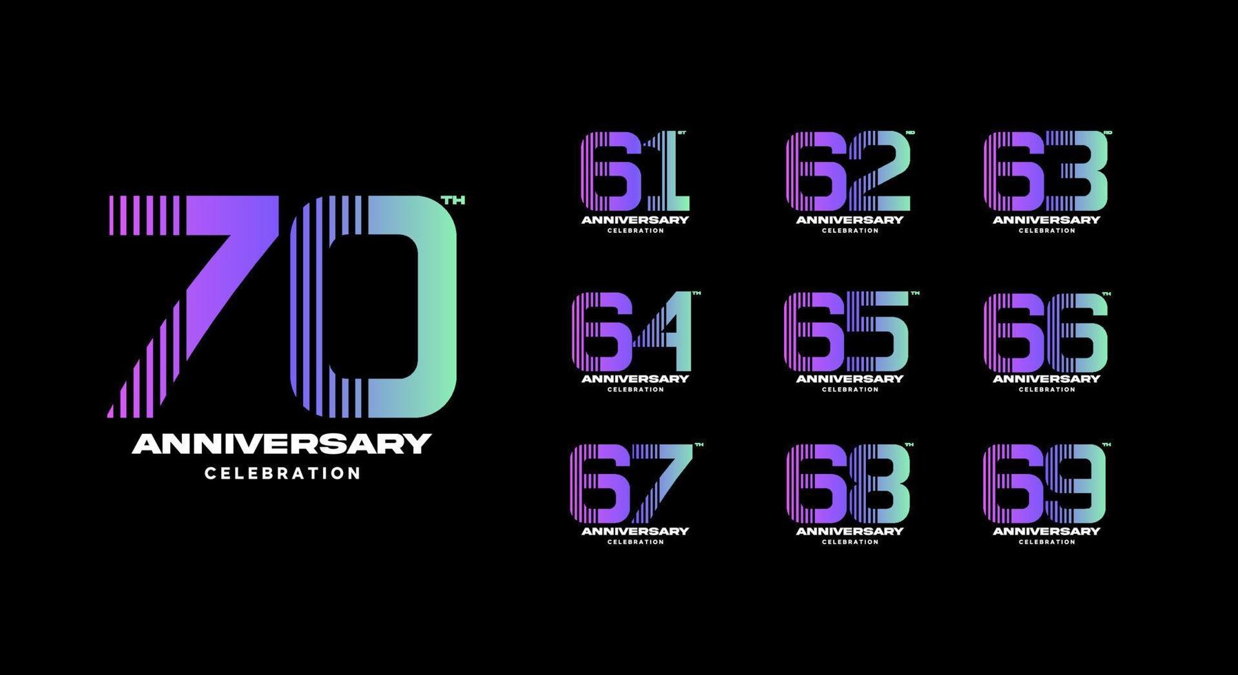 ensemble de logotype anniversaire coloré. 61, 62, 63, 64, 65, 66, 67, 68, 69, 70 vecteur