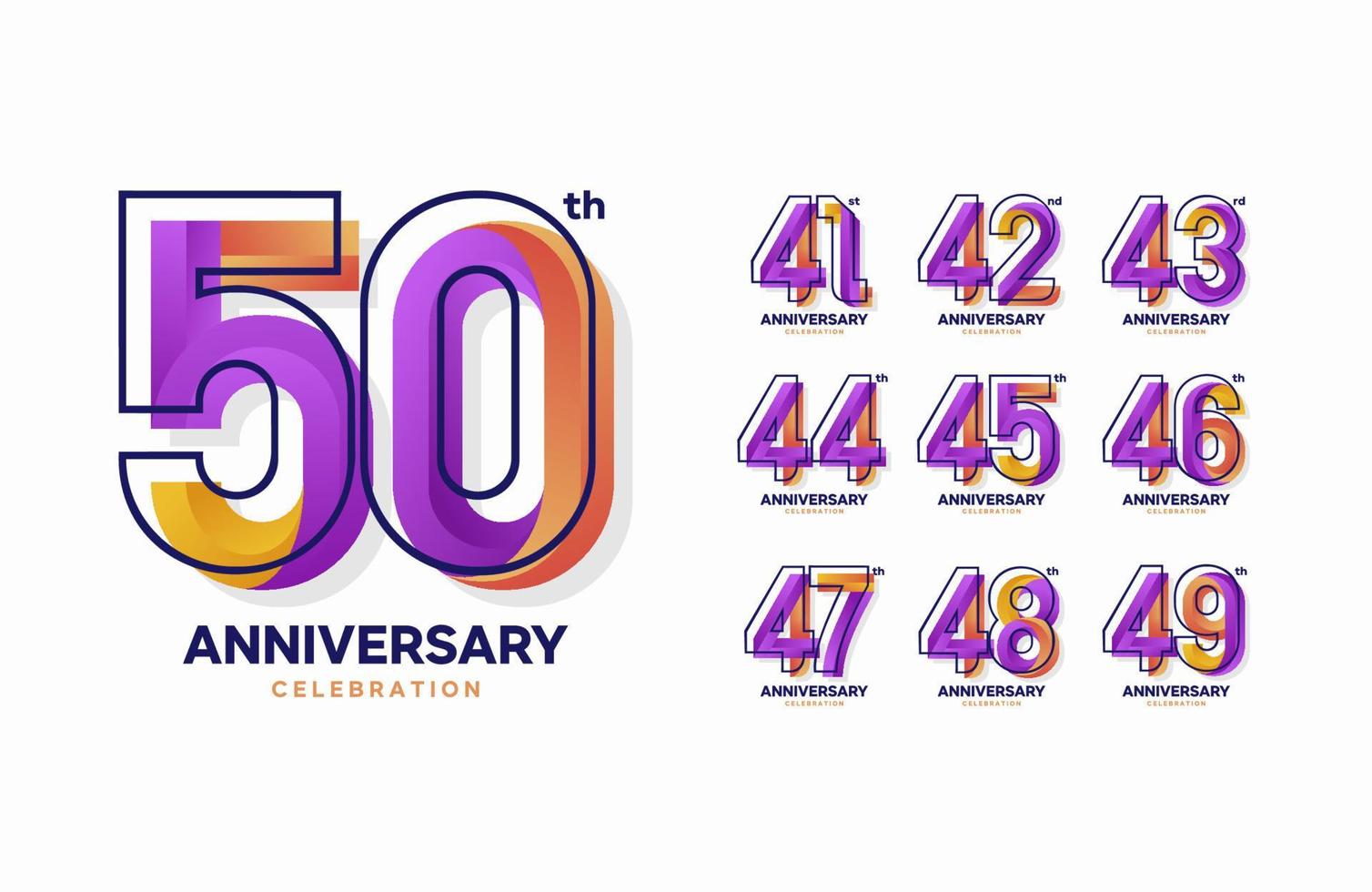 ensemble de logotype anniversaire coloré. 41, 42, 43, 44, 45, 46, 47, 48, 49, 50 vecteur