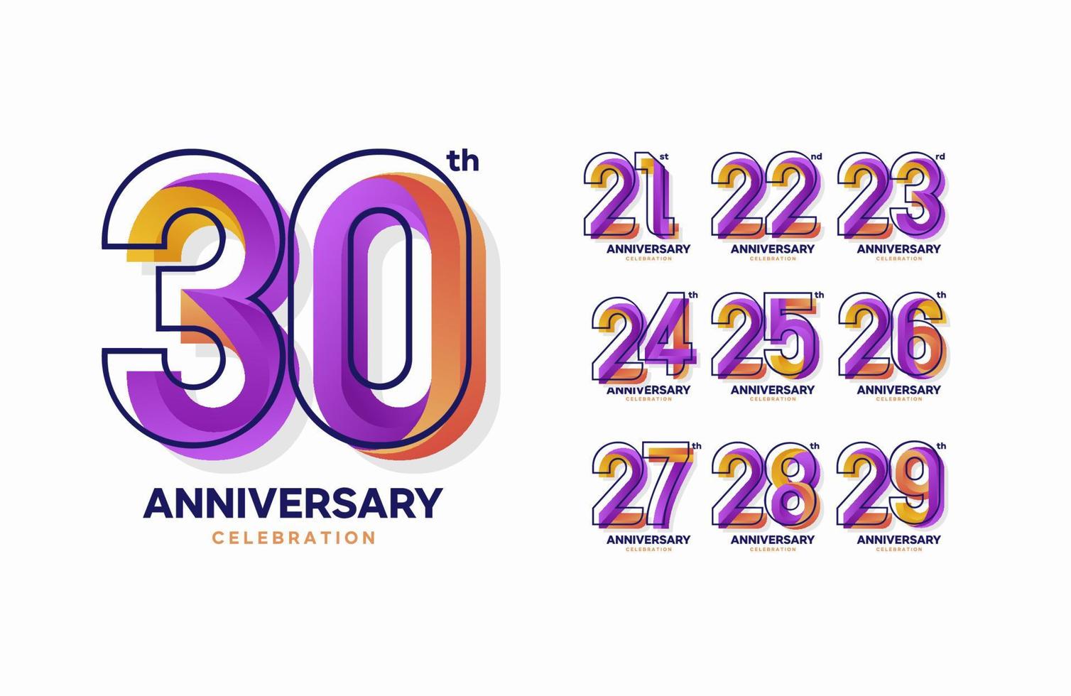 ensemble de logotype anniversaire coloré. 21, 22, 23, 24, 25, 26, 27, 28, 29, 30 vecteur