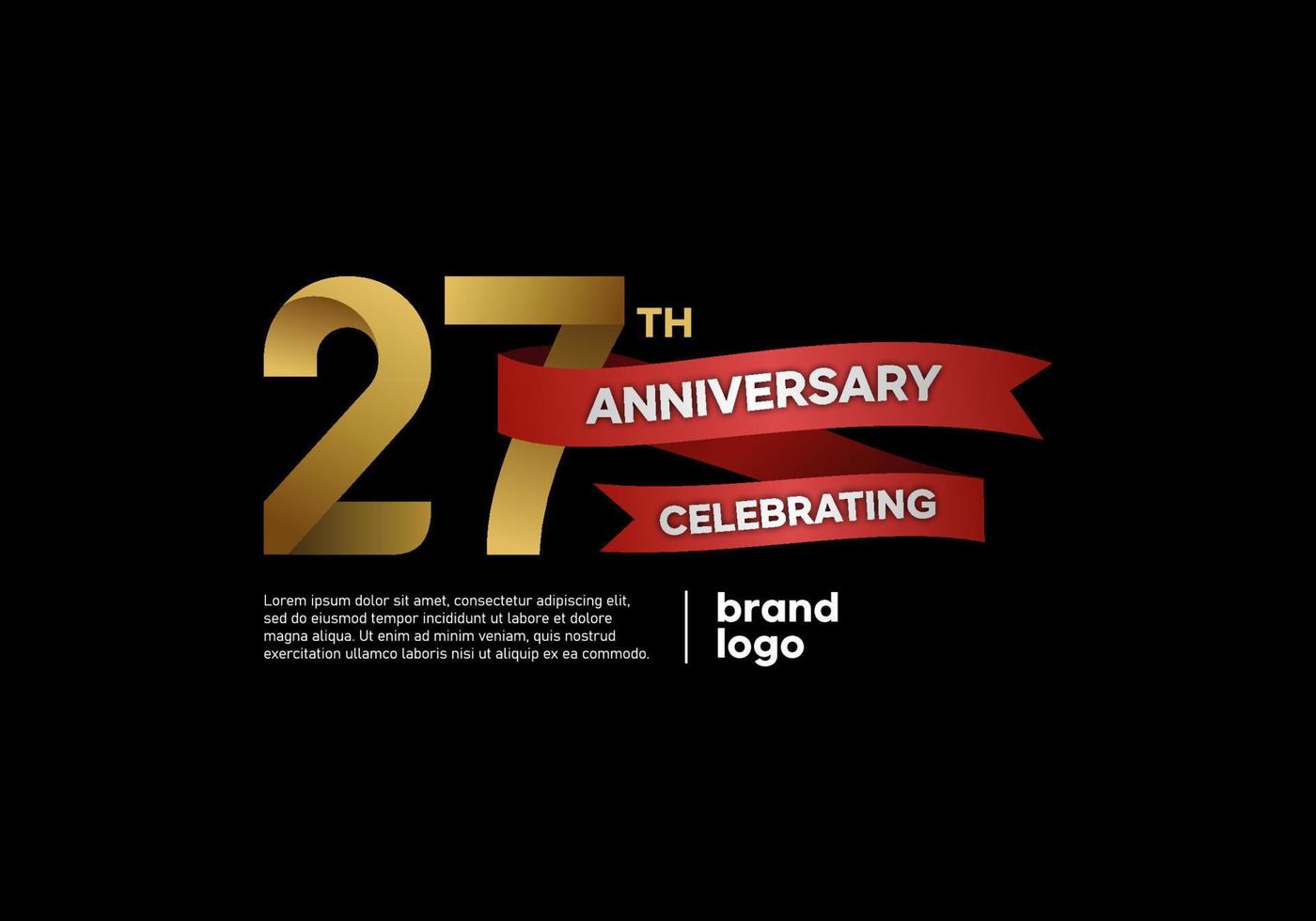 Logo anniversaire 27 ans en or et rouge sur fond noir vecteur