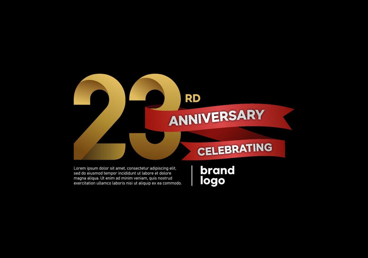 Logo anniversaire 23 ans en or et rouge sur fond noir vecteur