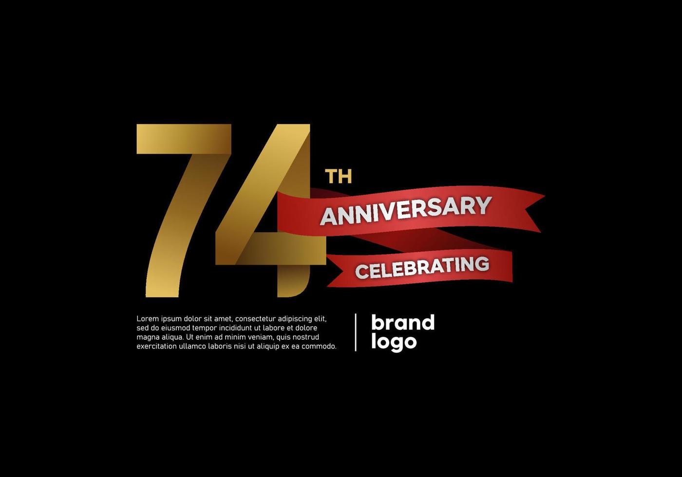 Logo anniversaire 74 ans en or et rouge sur fond noir vecteur