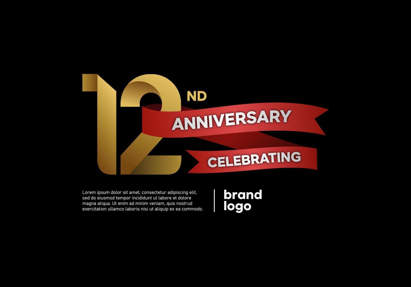 Logo anniversaire 12 ans en or et rouge sur fond noir vecteur